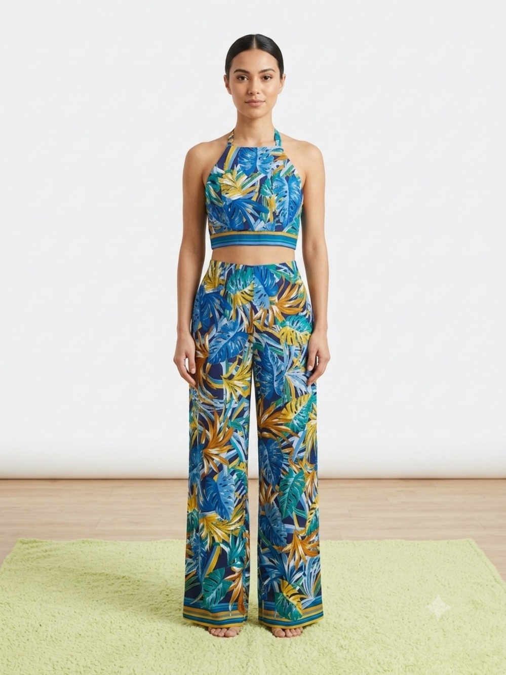 Fashion Nova Blue & Yellow Tropical-Print Wide-Leg Set